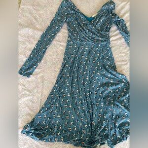 Blue Floral Wrap-Style Long Sleeve Dress